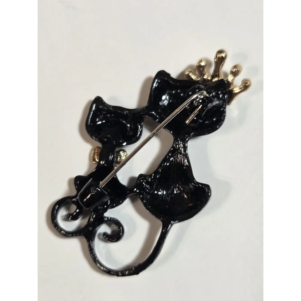 Cat Kitten Shiny Black Enamel Rhinestone Gold-Tone Brooch